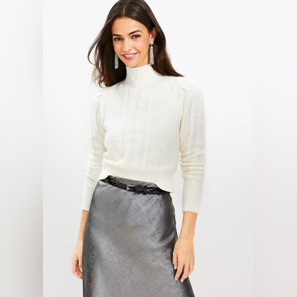 Loft Cream/Off White Puff Sleeve Cable Knit Turtleneck Sweater